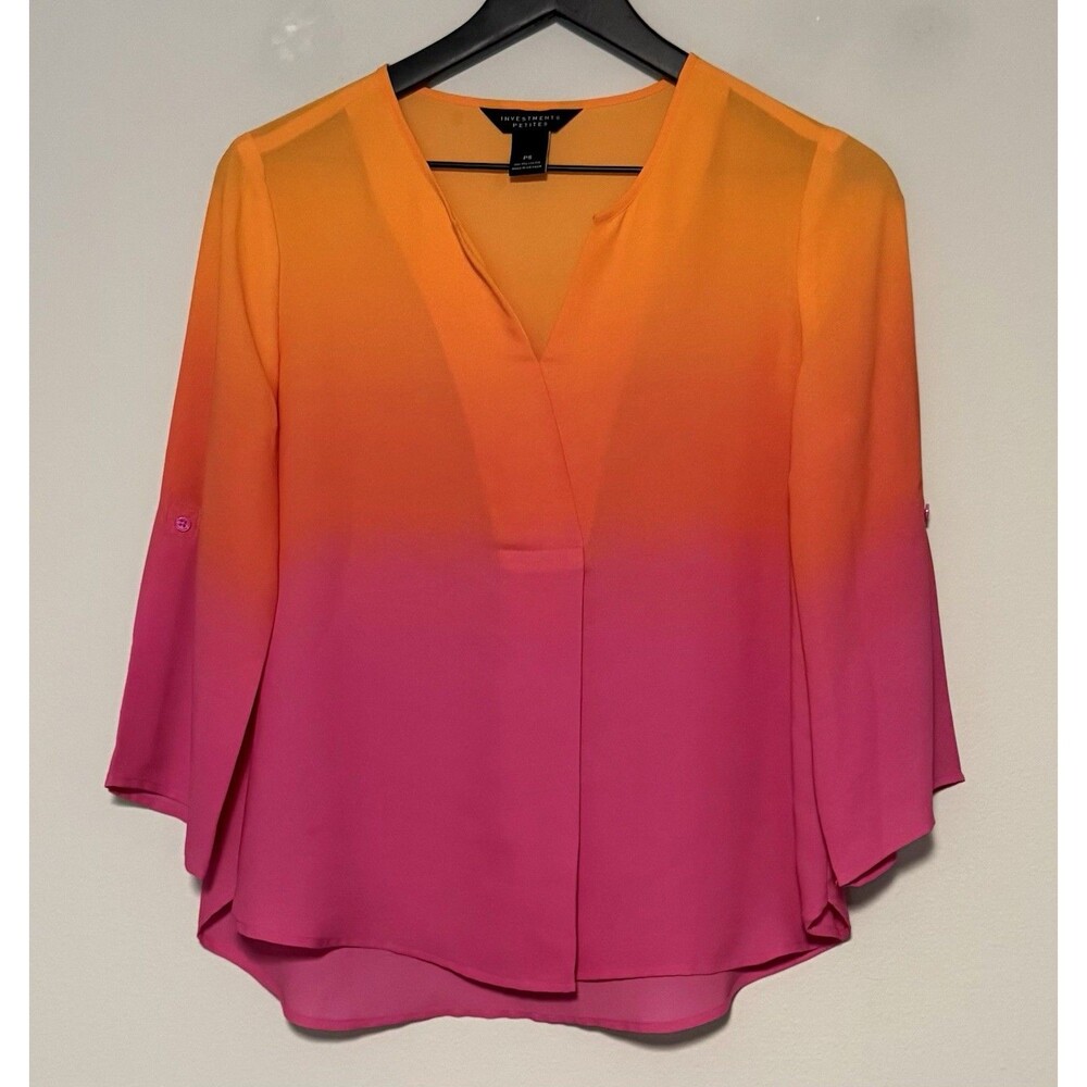Investments Petites Popover Top Small PS 3/4 Roll Tab Pink Orange Ombre